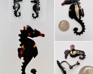 Antique 19th century carved tortoiseshell seahorse silhouette brooch with matching tortoiseshell and sterling silver screw back earrings