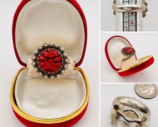 A charming sterling silver and carved cinnabar ring
