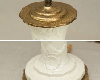 Closeup of the Wedgwood white jasper trumpet vase mounted as table lamp
