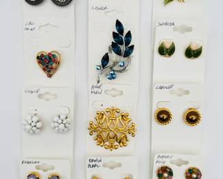 Costume jewelry earrings and brooches from Anne Klein, Lisner, Liz Claiborne, Richelieu, Carolee, Vogue, Erwin Pearl, Swoboda, Robert Rose