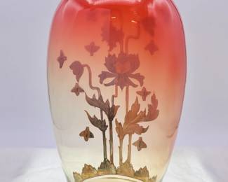 Another view of the An exquisite Bohemian glass vase, shading warm pink to clear, hand painted with gold floral design and applied gold metal bees! Moser glass works produced this stunning Art Nouveau era art glass vase.