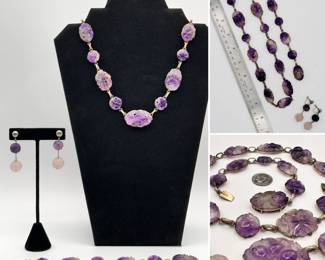 Antique carved amethyst bead necklace, earrings and bracelet 