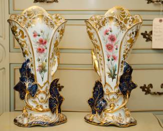 Pair of Wonderful 19th Century Handpainted German Porcelain Garniture Vases, Original intent was to ornament a fireplace mantel. 