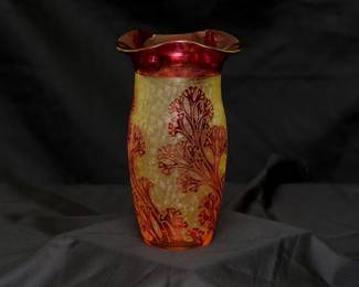 Another view of the beautiful French art glass by Val St. Lambert, circa 1897, acid etched cranberry cameo glass in delicate seaweed motif.