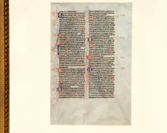 Closer view of the framed page from the The Biblia Sacra Latina (21.2 x 14.5 cm) written in brown ink in a neat, highly compressed quadratus Gothic bookhand in 49 double-columned lines per side on thin, smooth, cream-colored vellum. It was produced by the “Alexander atelier” in Paris, between 1220-1230. Recto: psalms 124-131, vulgate numbering, Verso: psalms 132-138, vulgate numbering
