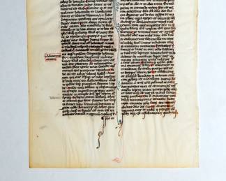 (This is the reverse view of leaf shown in the previous image.) Illuminated manuscript - a leaf from Latin Bible, Kings V with nice fine rubrication, crossed out paragraph on the verso. (This is the reverse view of leaf shown in the previous image.) Made by a French workshop known as the Leber Group, in Paris, circa 1230-1240. Ink and tempera on vellum.