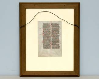 Another view of the reverse side (verso) of the framed page from the The Biblia Sacra Latina (21.2 x 14.5 cm) written in brown ink in a neat, highly compressed quadratus Gothic bookhand in 49 double-columned lines per side on thin, smooth, cream-colored vellum. It was produced by the “Alexander atelier” in Paris, between 1220-1230. Recto: psalms 124-131, vulgate numbering, Verso: psalms 132-138, vulgate numbering