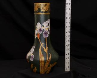 A massive Legras Mont Joye art glass vase, beautiful art nouveau design of blooming purple and white irises with gilt leaves against a textured frosted green glass ground, the rim with organic forms and scrolls of gilt. Mont Joye L C mark to the base.
