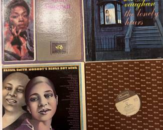 Vintage LP albums from Sarah Vaughan, Bessie Smith, and Slingshot