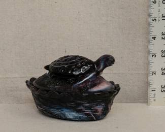 Vintage purple slag glass turtle covered dish, pressed glass