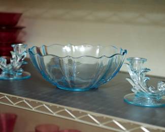 Fostoria Baroque Pattern Console Bowl and Candleholders in Light Blue