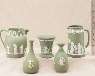 A group of Wedgwood sage green jasper ware pitchers and vases, 20th century.