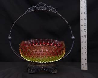 A 19th century Hobbs, Brockunier rubina verde hobnail glass bowl or 'bride's basket' in an Art Nouveau style metal stand