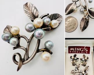 Another view of the Ming's Honolulu demi parure cultured pearl and sterling silver brooch and earrings set