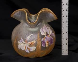 An antique Mont Joye Legras art glass vase, acid etched and enameled with iris flowers and leaves; marked on the base with the Mont Joye L C (Legras et Cie)