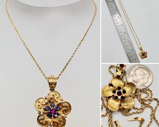 14k yellow gold flower form pendant necklace, with faceted gemstones and 14k yellow gold chain