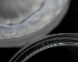 Another view of the vintage Lalique France round box, the lid an embossed Dahlia flower with black enameled stamens and pistils