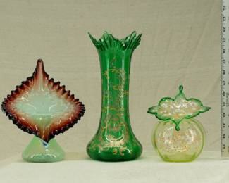 Antique uranium glass jack in the pulpit vases and an antique Bohemian uranium green panel optic art glass vase with hand painted yellow enamel and gold scrolls