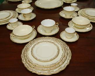 Another view of the Spode Copeland's China service for six in fine ivory cream color bone china with gilt scrollwork edges 
