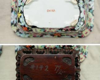 Another view of the pair of vintage Chinese porcelain famille rose mille fleur planters with carved wooden stands