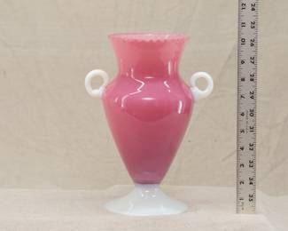 Antique Stueben Rosaline art glass vase with applied alabaster glass handles and foot, circa 1910