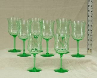 Set of eight Tiffin Franciscan 15028 Green Diamond Optic uranium glass water or wine goblets 