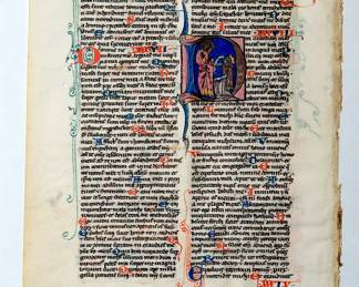 Illuminated manuscript – leaf from a Leber Bible, "Historiated Initials No. 1, Folio 218, from Psalms depicting God, King pointing to Eye, excellent painting, red and blue versals and fine rubrication. This is from the finest part of the book in visual appearance."
Made by a French workshop known as the Leber Group, in Paris, circa 1230-1240. Ink and tempera on vellum.