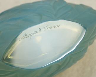 Another view of the signed Lalique France 'Filicaria' crystal vase, blue green glass with raised leaf design (comes with original Lalique presentation box)