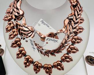 Gorgeous mid century modern copper jewelry necklaces from Renoir, a Hollywood, CA company known for bold, abstract designs, 1946-1964