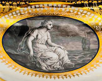 Closeup of one of two panels depicting the figure of "Hope" on the side of the rare Worcester Porcelain (Flight) lidded sauce tureen with underplate from the ‘Hope service’ circa 1792, signed with blue crowned script Flight and open crescent marks, painted by John Pennington. The celebrated 'Hope' service was commissioned by the Duke of Clarence and St Andrews (later King William IV), in January 1790, and was completed just over a year later.