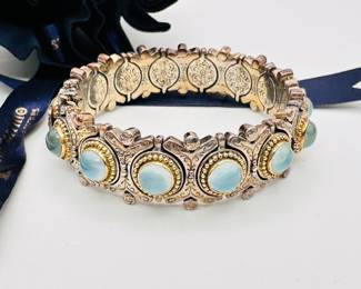 Closeup of the Konstantino Treasures 18k gold and sterling silver bracelet with Amphitrite or moonstone cabochons