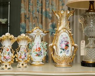 Wonderful 19th Century Handpainted German Porcelain Vases from Garniture Sets with Incredible Gold Gilt Detailing.