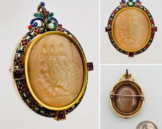 Antique cameo brooch, intaglio carved hard stone depicting the Three Graces of classical antiquity, encircled by an enameled frame set with faceted gemstones and pearl