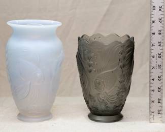 Two Josef Inwald glassworks art glass vases, koi fish pattern, art deco style made in Czechoslovakia. One vase marked "Barolac," the name registered in the UK by John Jenkins and Sons Ltd, a glass importing company that collaborated with Inwald's designers to develop the Barolac designs. 
