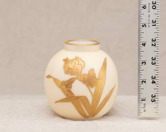Smith Brothers antique cream color satin glass vase with hand-painted gilt iris flower, marked on the base with Smith Brothers stamp; late 19th century (1874-1899.)