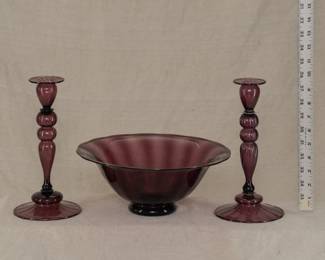 Art Deco era Carder Steuben Glass console set, transparent amethyst glass optic ribbed large bowl and pair of candlestick holders