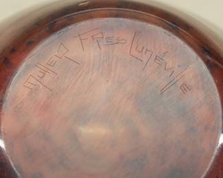 Closeup of signed art glass vase by Muller Frères Luneville, France  