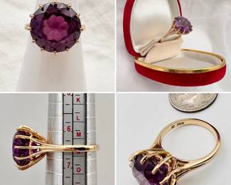 An antique ring featuring a man made color change sapphire created to emulate alexandrite in a raised basket setting of 14-karat yellow gold.