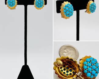 18k yellow gold and turquoise omega back earrings