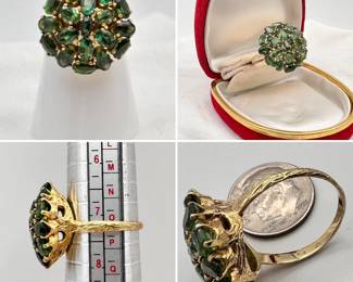A gorgeous domed cluster ring set with green tourmaline in a raised faux bois setting in 18-karat yellow gold.