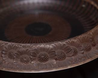 Closeup of the signed Lalique France Marguerites bowl in pale gold brown crystal, 13 inches wide, etched Lalique France on the base