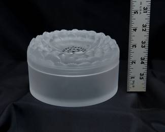 Vintage Lalique France round box, the lid an embossed Dahlia flower with black enameled stamens and pistils