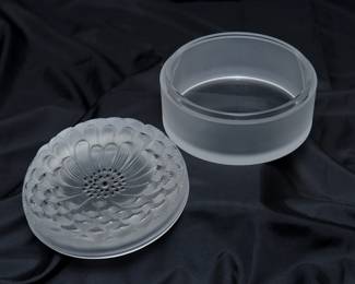 Another view of the vintage Lalique France round box, the lid an embossed Dahlia flower with black enameled stamens and pistils