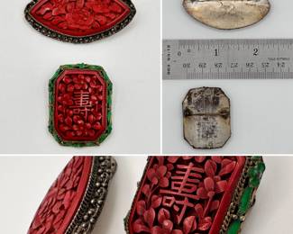 Two vintage Chinese carved cinnabar brooches