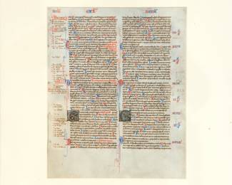 Closer view of the framed leaf from a Bible produced in the manner of William de Brailles workshop, Oxford, circa 1230-1240. Hebrews leaf with fine gold initials and herringbone feathers emerging from the mouth of dragons.