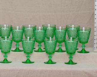 A set of 12 Duncan & Miller Sandwich Green stemmed glass goblets, 1924-1955