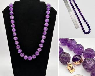 Amethyst carved beads and 14k yellow gold clasp necklace, the beads carved with the Chinese "longevity" symbol