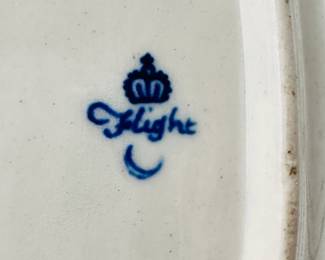 Closeup of the blue crowned script Flight mark on the base of the Hope service lidded sauce tureen stand