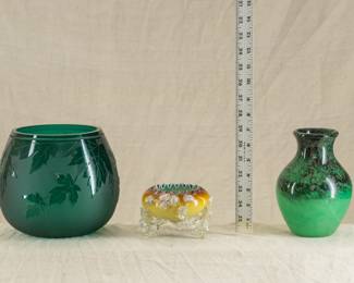 A signed Ken Benson LS for Pilgrim Glass Works cameo art glass vase, maple leaf motif in deep green color; a 19th century cased art glass bowl on three applied clear glass feet and decorated with clear rigaree, and a Monart hand blown art glass vase, green with aventurine inclusions