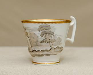 Detail on an 18th Century Cup, Hand Painted en Grisaille with Gilt Trim